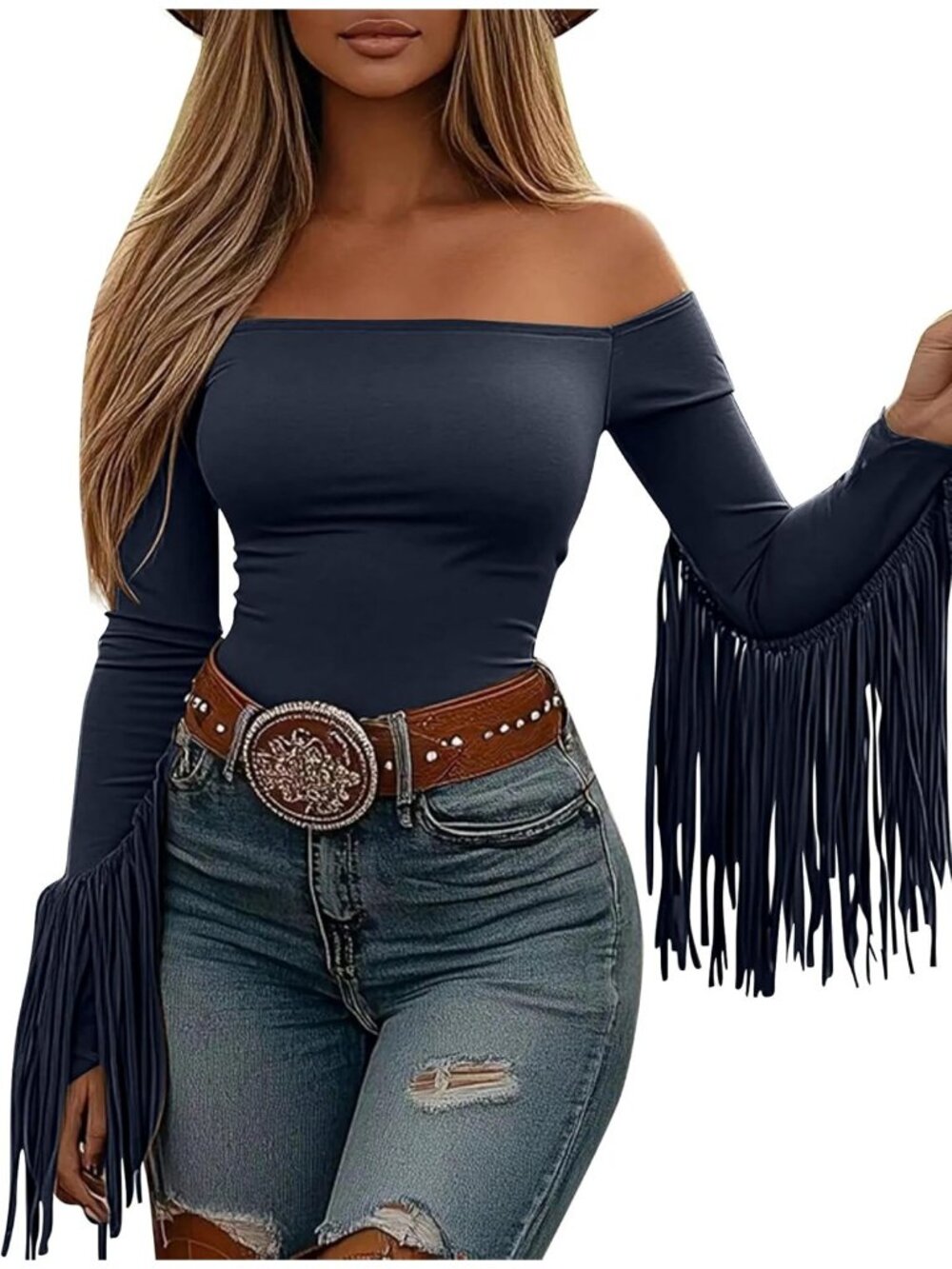 Women's Blue Stretchy Crop Off Shoulder Concert Cowgirl Fringe Tassel Bodysuit